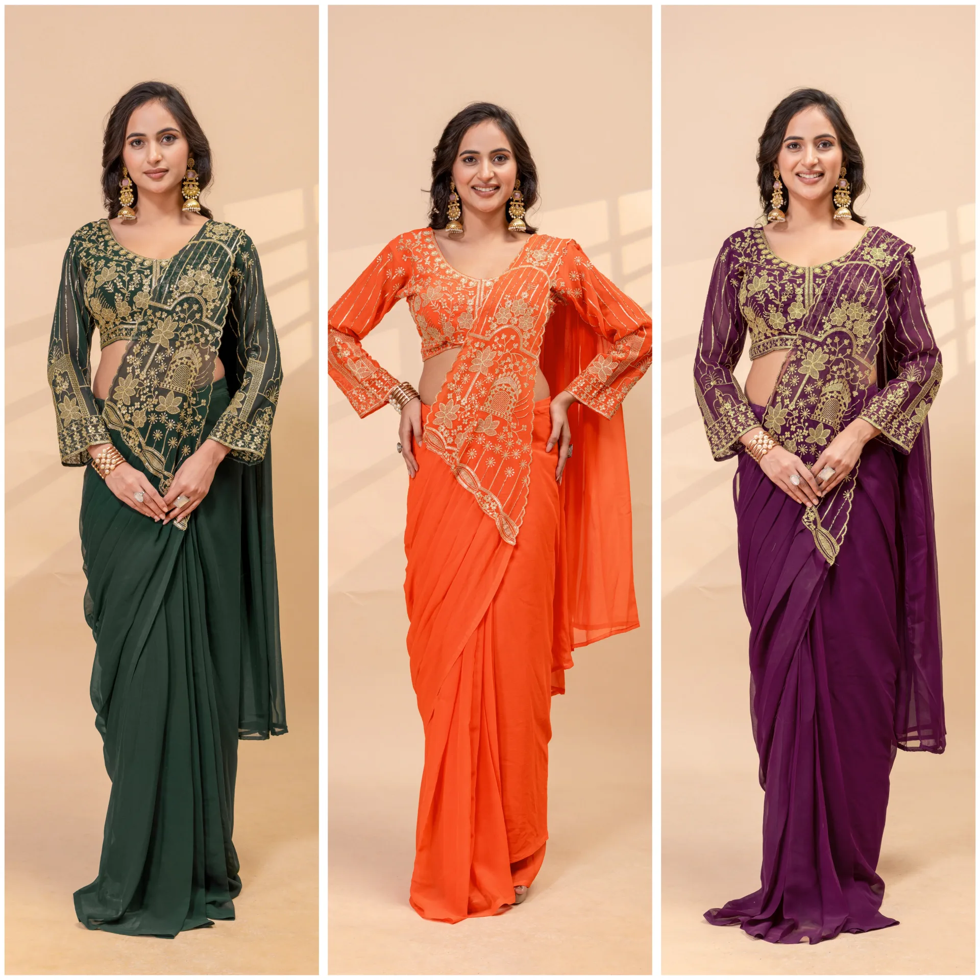 READY TO WEAR SAREE WITH FULLY EMBROIDERED STYLIST BLOUSE