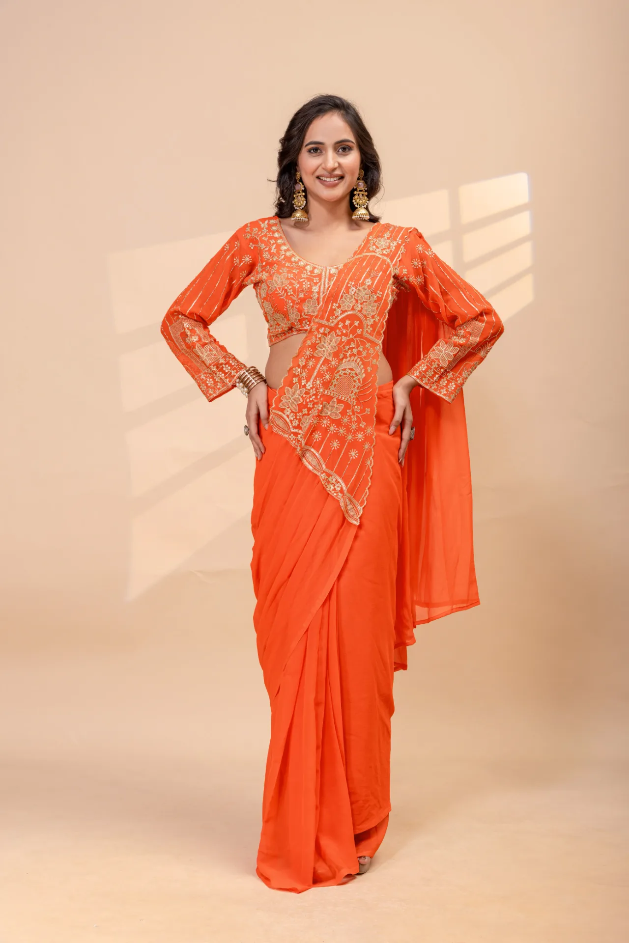 READY TO WEAR SAREE WITH FULLY EMBROIDERED STYLIST BLOUSE