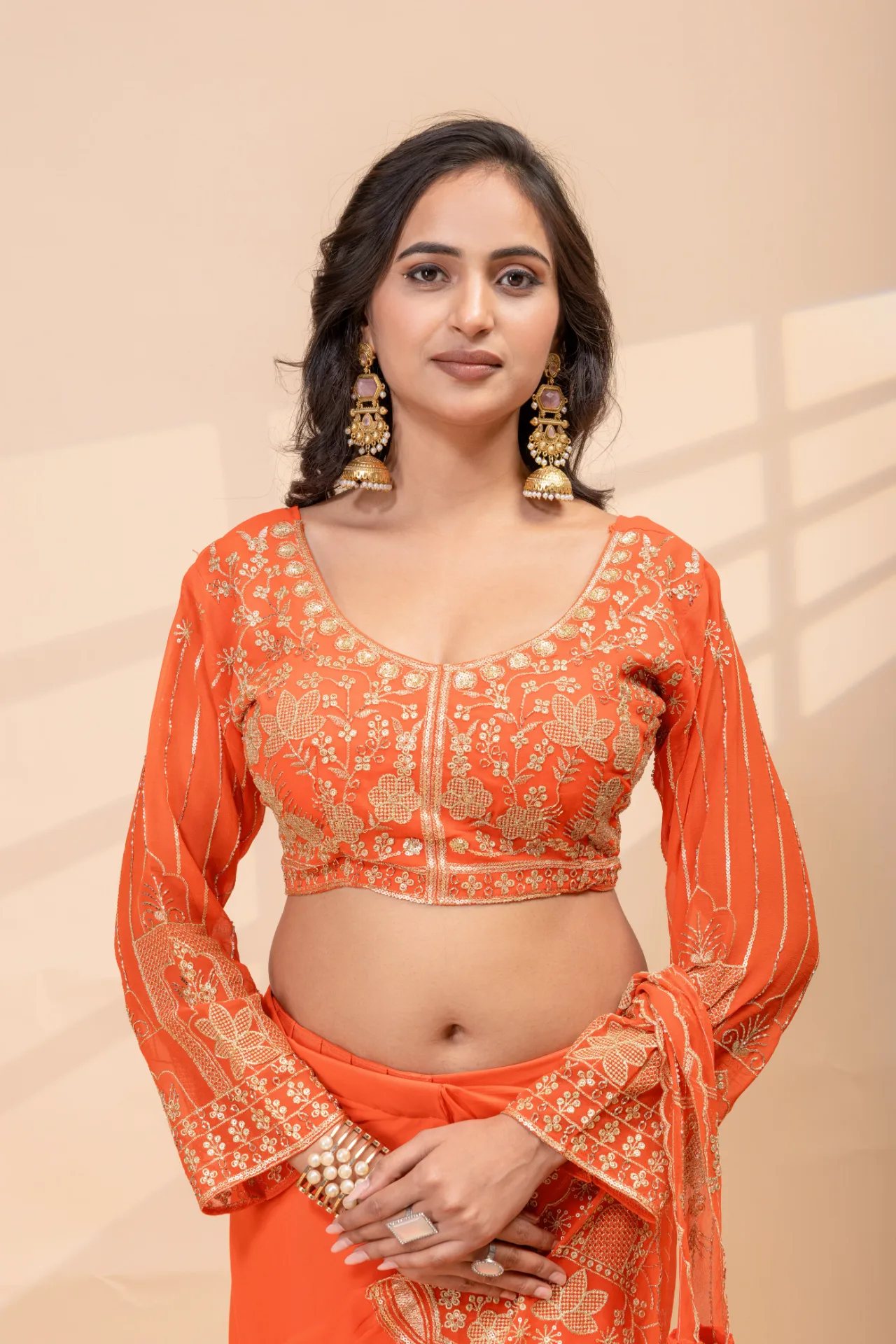 READY TO WEAR SAREE WITH FULLY EMBROIDERED STYLIST BLOUSE