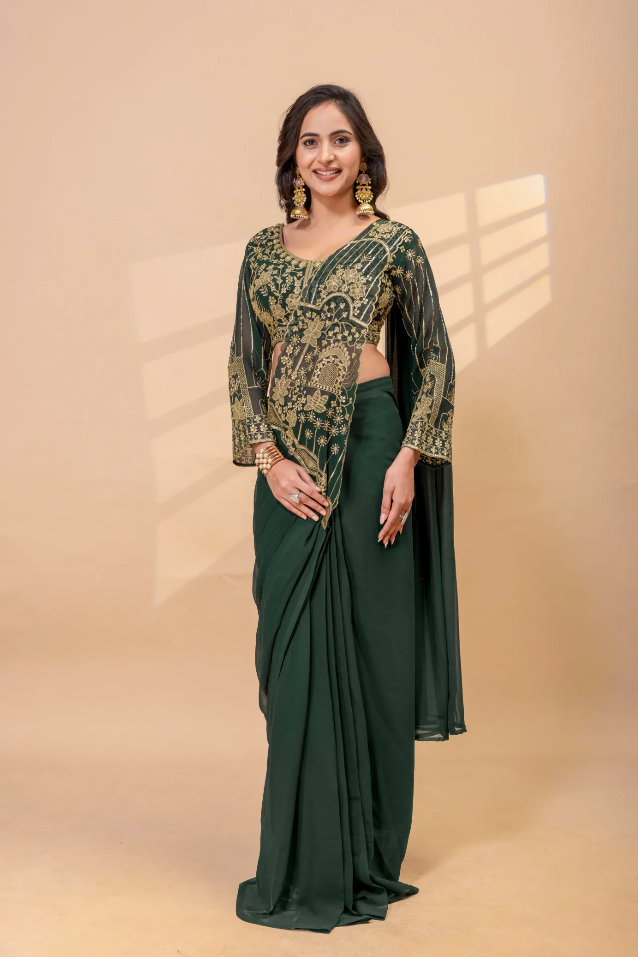 READY TO WEAR SAREE WITH FULLY EMBROIDERED STYLIST BLOUSE