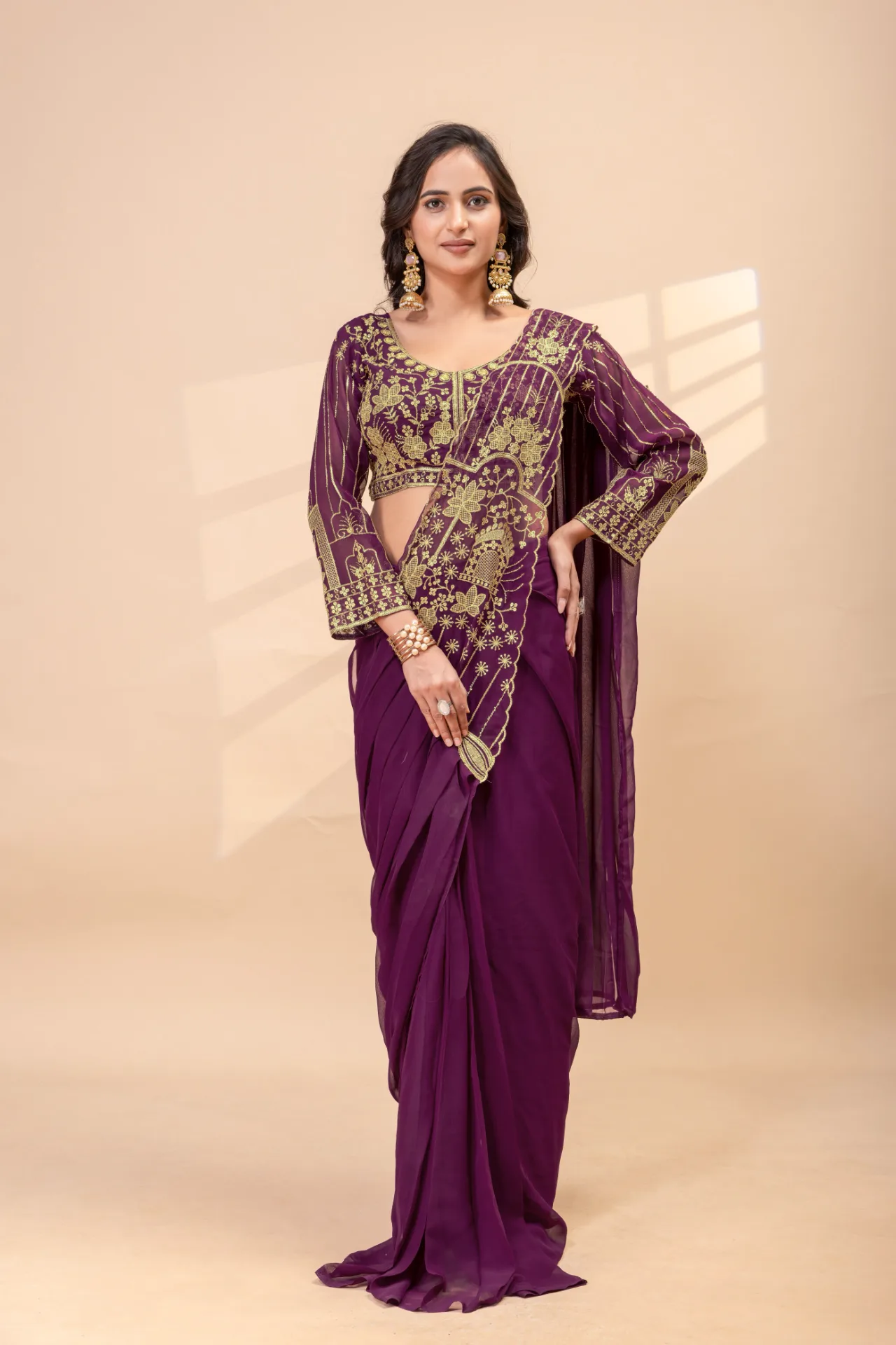 READY TO WEAR SAREE WITH FULLY EMBROIDERED STYLIST BLOUSE