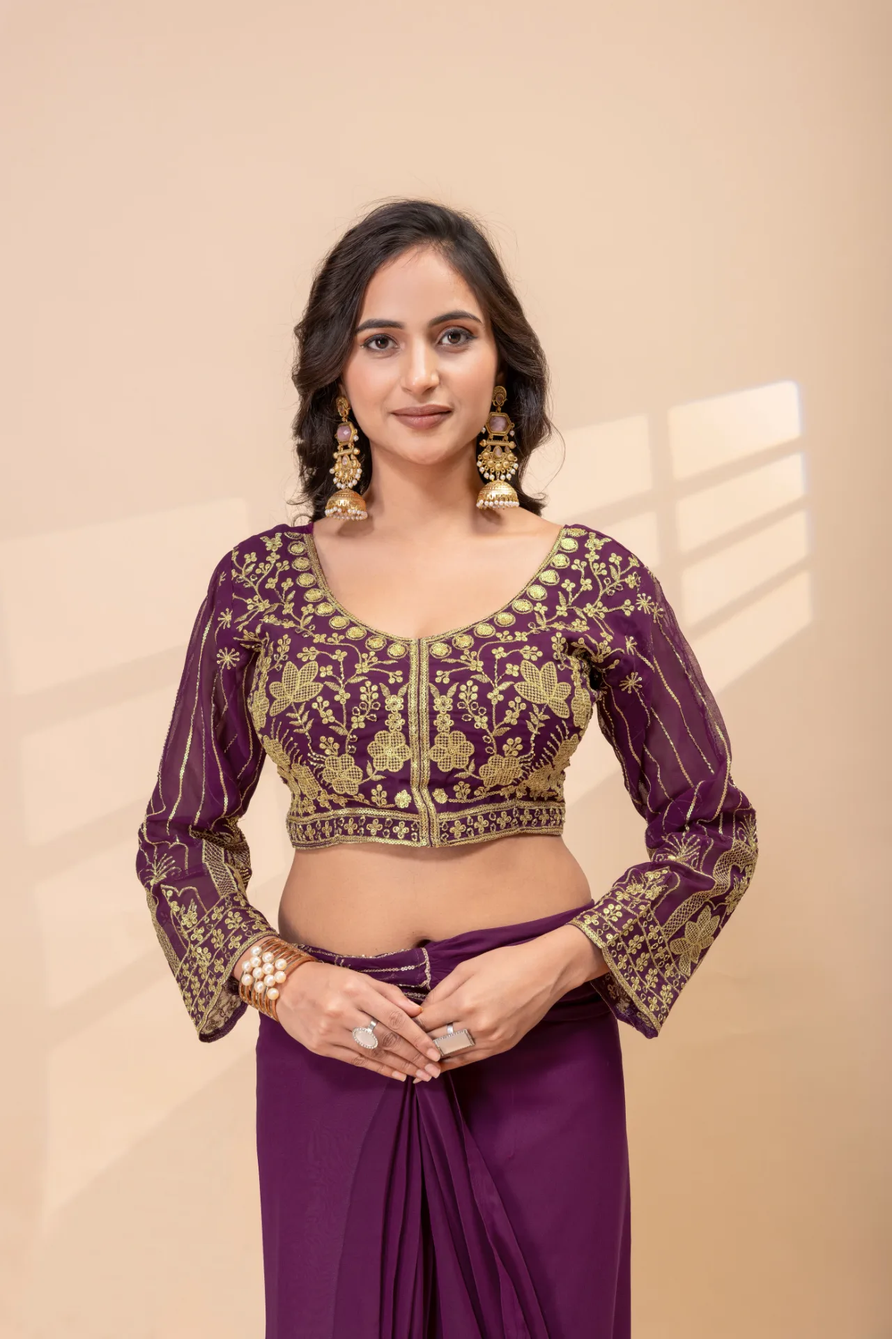 READY TO WEAR SAREE WITH FULLY EMBROIDERED STYLIST BLOUSE