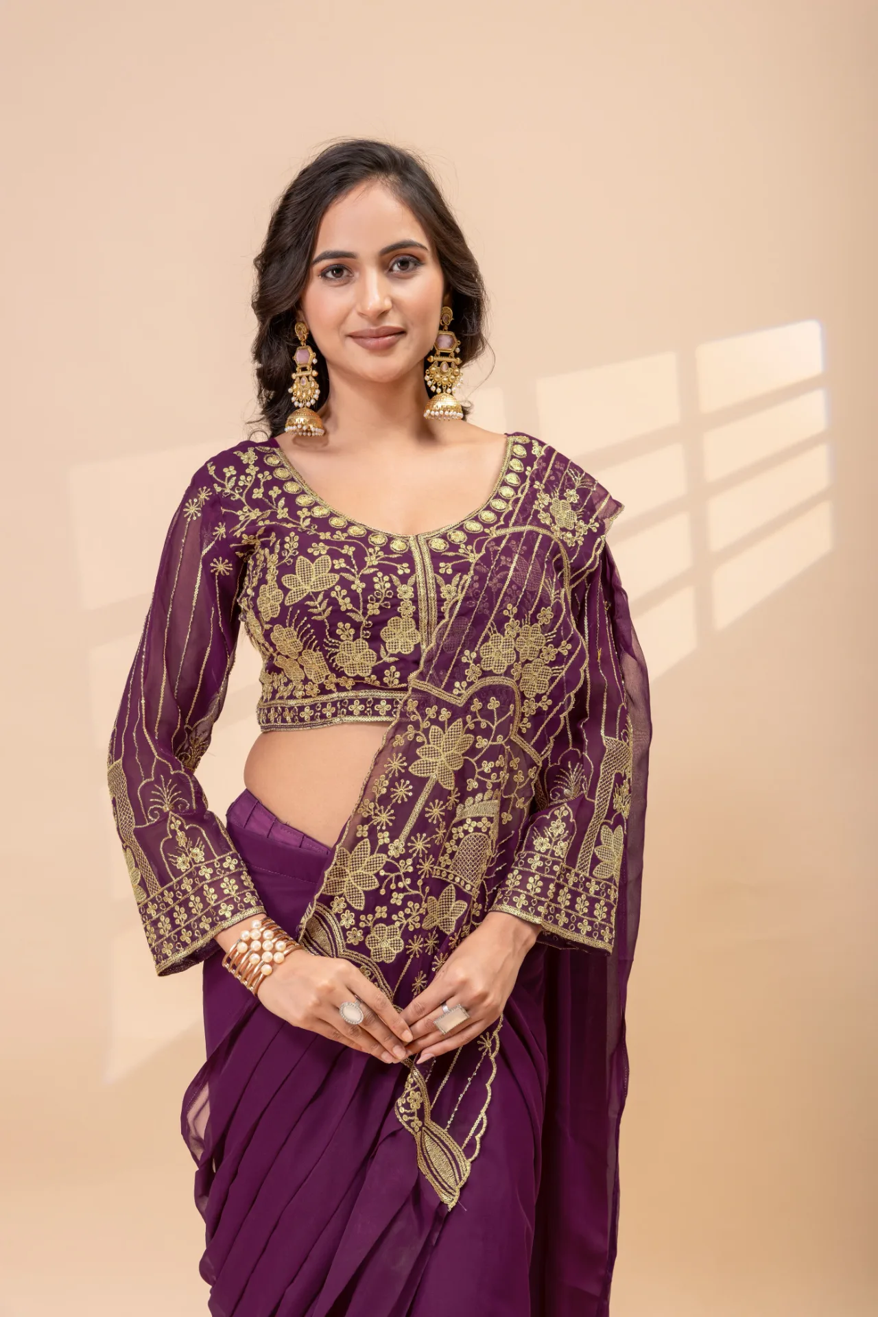 READY TO WEAR SAREE WITH FULLY EMBROIDERED STYLIST BLOUSE
